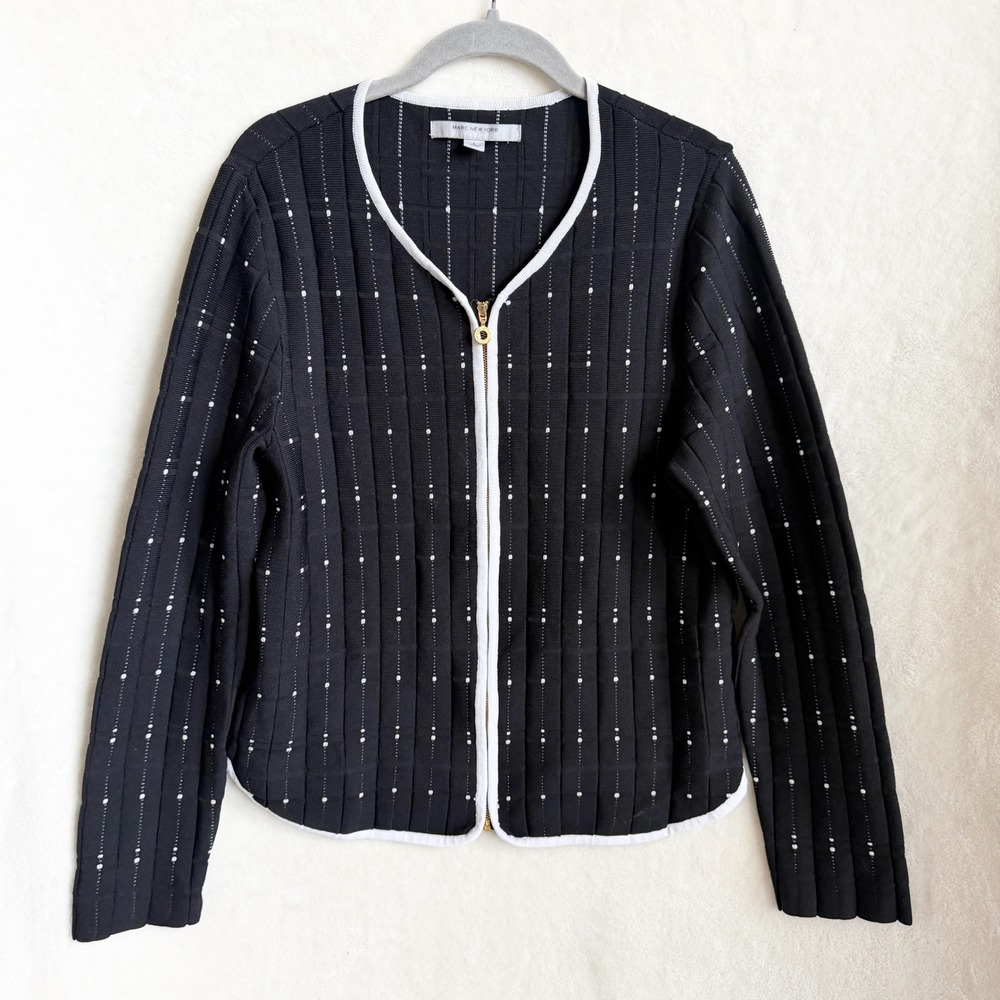 Marc New York Andrew Marc Womens Black Ribbed Knit Zip Front Jacket Sz Large